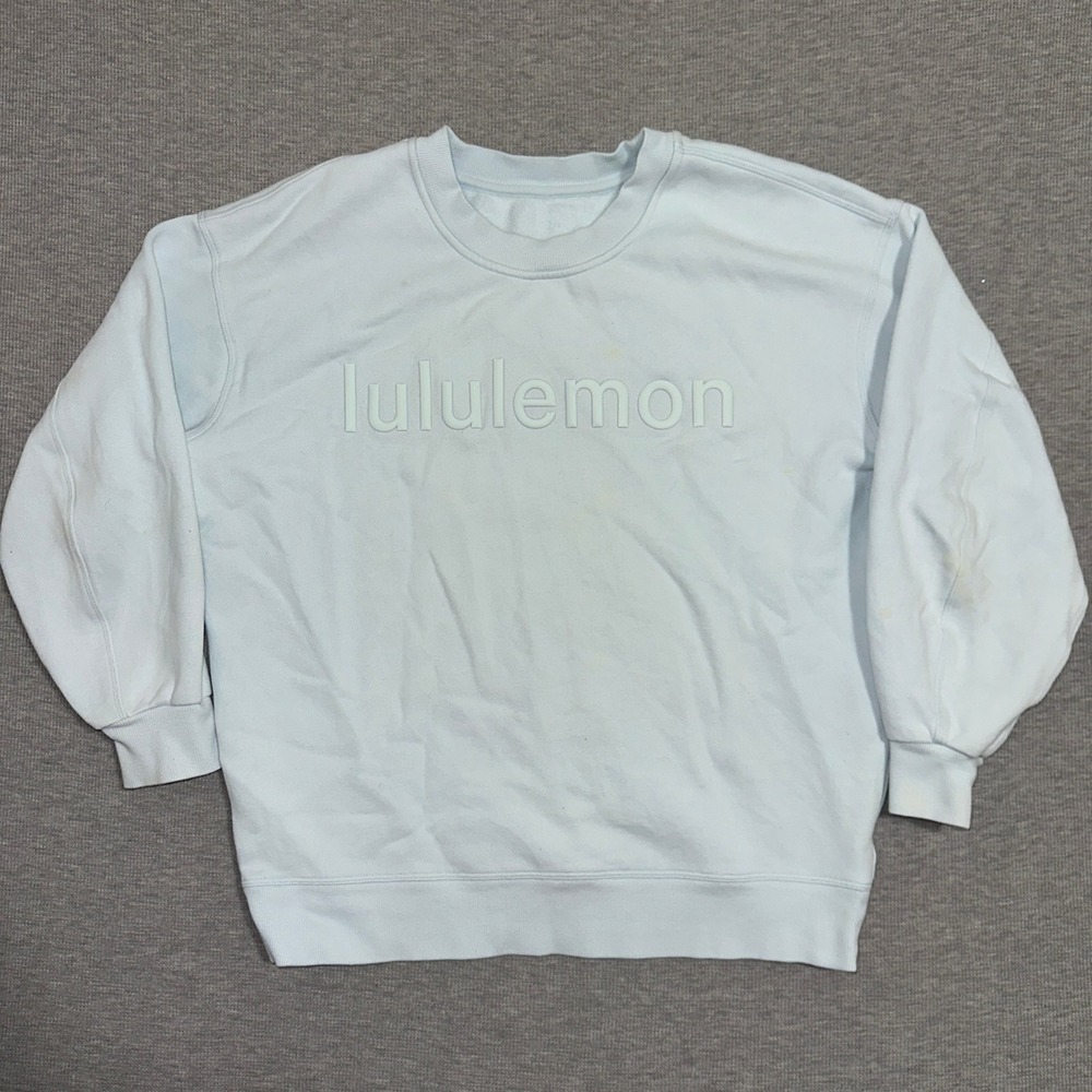 Lululemon Perfectly Crew Sweatshirt Raised Logo Graphic Oversized Light Blue